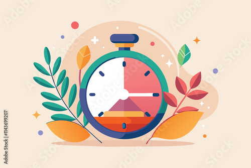 A vibrant stopwatch rests among illustrated leaves, symbolizing the passage of time in a creative way Time-limited, simple illustration