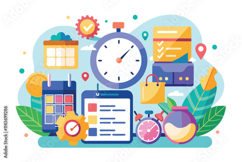 This illustration showcases various time management tools like clocks, calendars, and checklists to boost productivity Time management, flat illustration