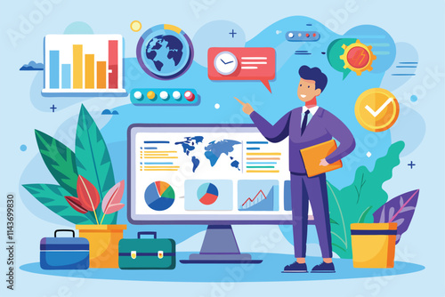 A man in a suit presents travel business data using colorful charts on a computer screen in an office Travel business data presentation is trending and illustrated in a flat format.