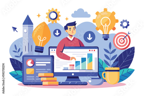 A young man interacts with a computer showing growth charts, surrounded by ideas and symbols for online success Trending, flat illustration for starting an online business strategy.