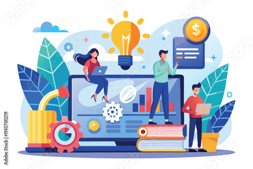 A vibrant illustration depicting three individuals working on laptops to launch an online business Trending, flat illustration for starting an online business strategy.