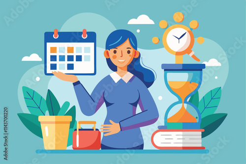 A woman holds a calendar while surrounded by an hourglass, clock, and books, representing time management Trending flat illustration of a woman with an hourglass and calendar.