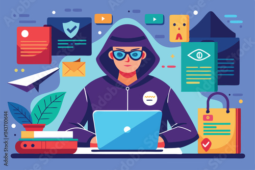 A hacker works diligently on a laptop, utilizing digital tools to ensure document security and protection Trending hacker illustration for document security