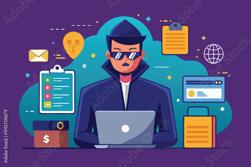 A person in sunglasses works intently on a laptop surrounded by various digital symbols and tools Trending hacker illustration for document security