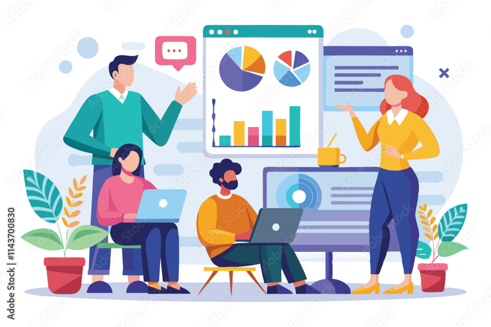 A team discusses strategies to enhance data analysis using charts and graphs in a bright workspace Trending presentation on improving data analysis with flat illustrations. A team discusses strategies to enhance data analysis using charts and graphs in a bright workspace Trending presentation on improving data analysis with flat illustrations.