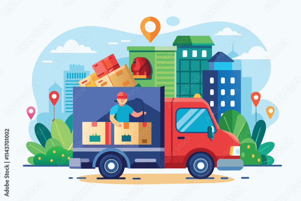 Naklejka premium A delivery service truck is shown unloading packages in a vibrant city filled with buildings and trees Truck delivery service with flat illustrations.