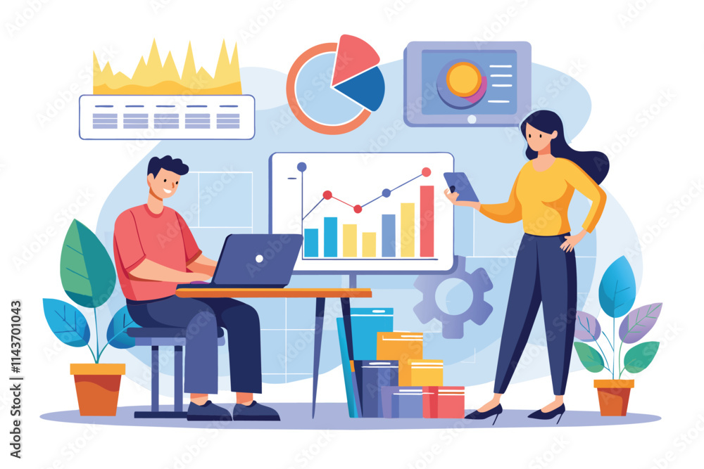 Two analysts review growth data and charts, one working on a laptop while the other checks a mobile device Two analyses are examining growth data, which shows a flat illustration. Two analysts review growth data and charts, one working on a laptop while the other checks a mobile device Two analyses are examining growth data, which shows a flat illustration.