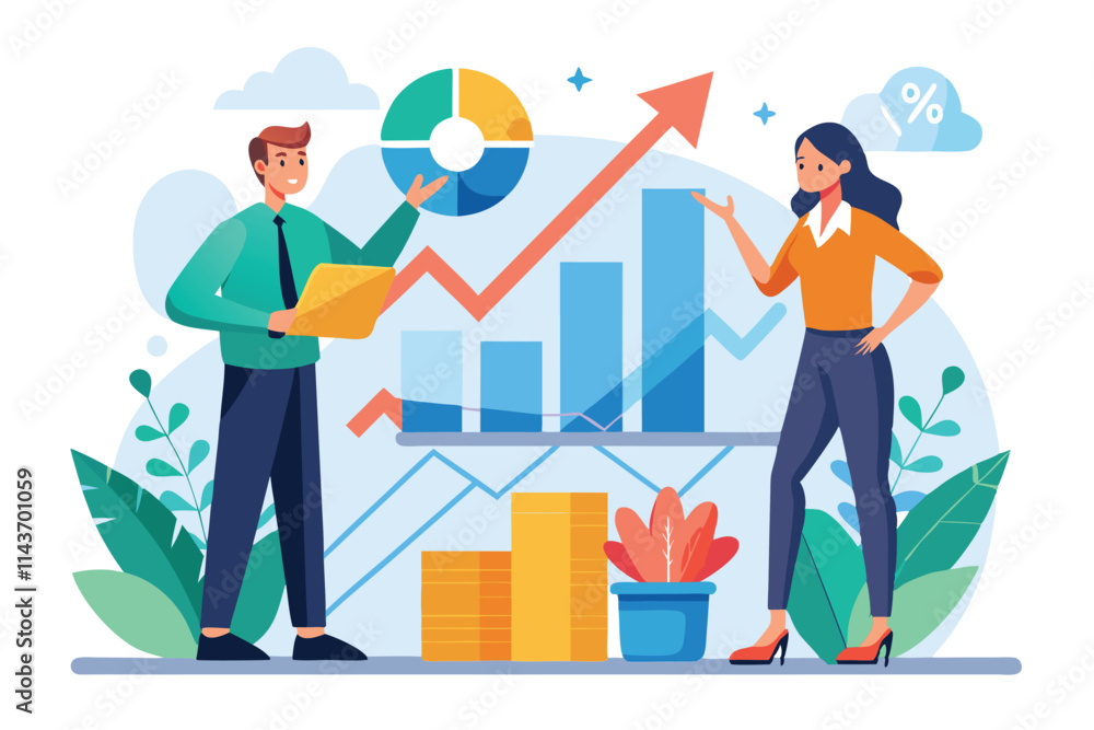 Two analysts evaluate growth data with charts and graphs in a bright office space filled with plants Two analyses are examining growth data, which shows a flat illustration. Two analysts evaluate growth data with charts and graphs in a bright office space filled with plants Two analyses are examining growth data, which shows a flat illustration.