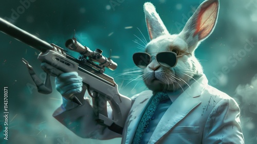 rabbit holding a gun, A rabbit holding a gun in a forest. Suitable for nature, wildlife, and hunting themes photo