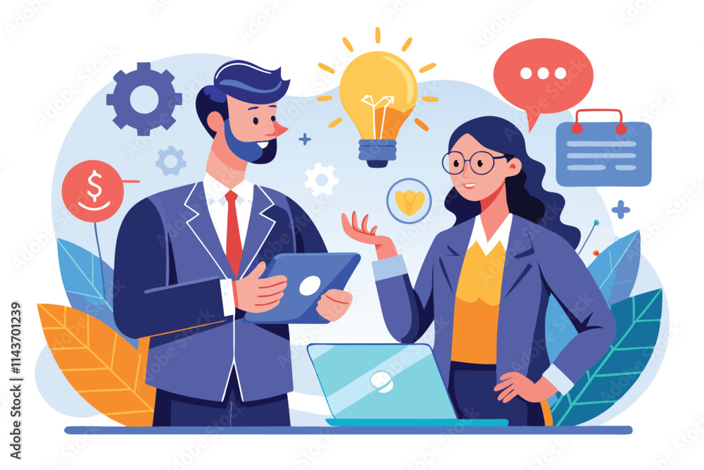 Creative collaboration between two business professionals discussing ideas in an office setting, Two business people creatively discussing business problems, illustrated in a flat style. Creative collaboration between two business professionals discussing ideas in an office setting, Two business people creatively discussing business problems, illustrated in a flat style.