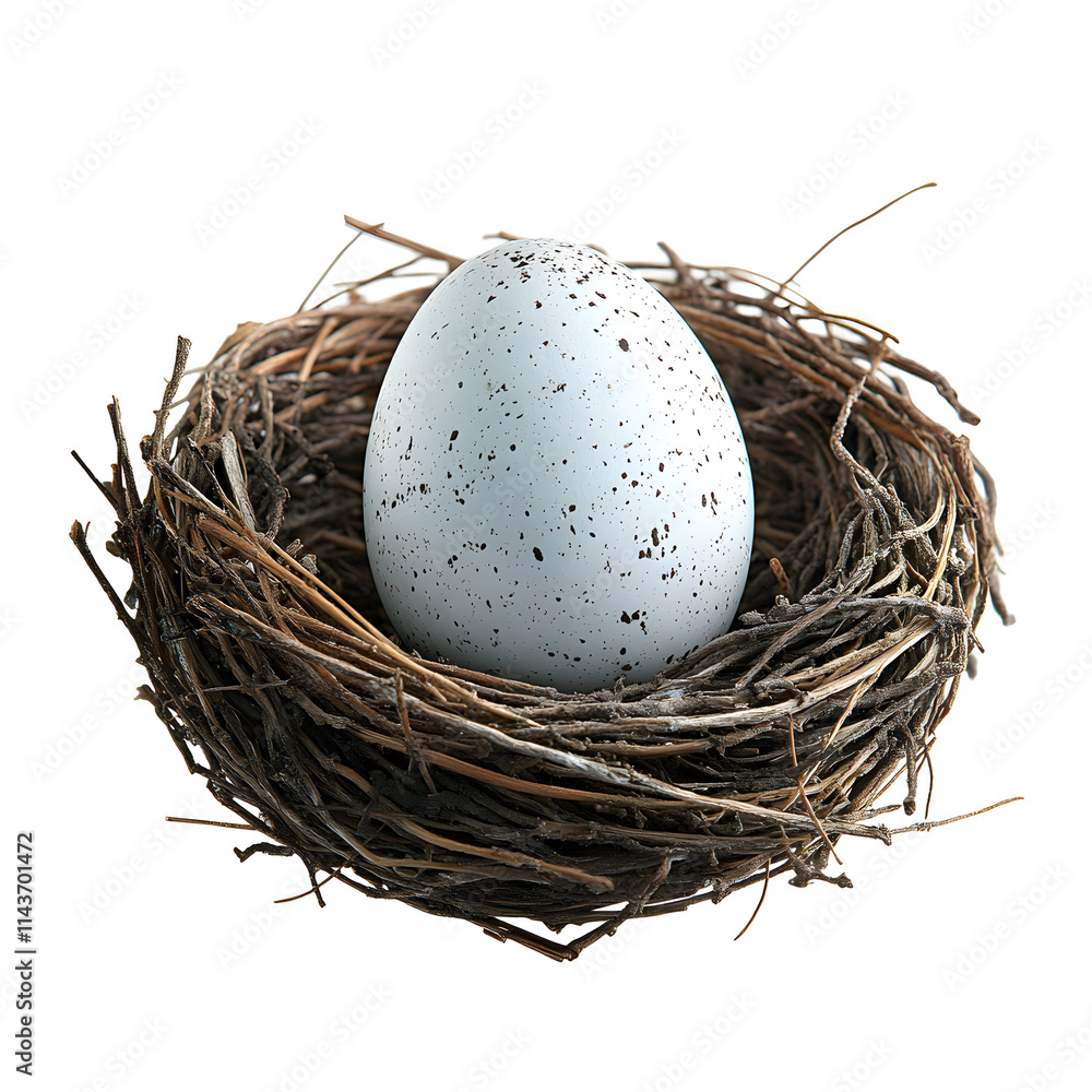 Speckled egg rests in bird's nest, isolated on white background. Speckled egg rests in bird's nest, isolated on white background.