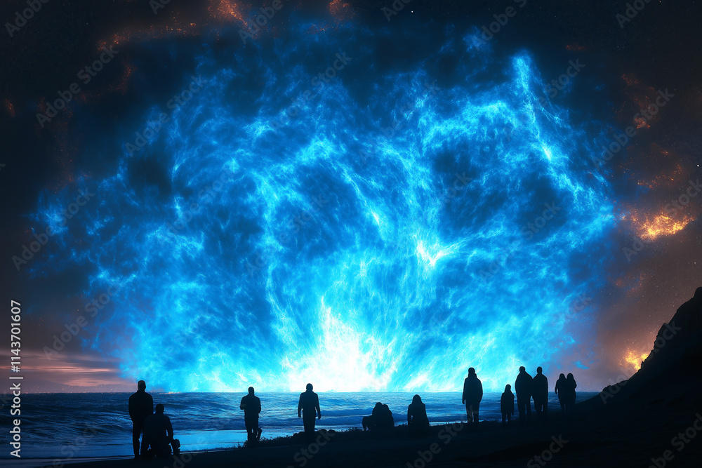 Bright blue comet ignites chaos as it collides with Earth at twilight shoreline. Generative AI Bright blue comet ignites chaos as it collides with Earth at twilight shoreline. Generative AI