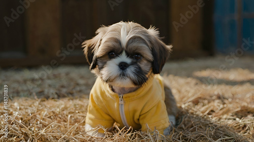 Angelica the Shih Tzu puppy in yellows jecat Multipool Puppy yellow flowers forest background,
 photo