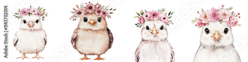 Adorable Fluffy Baby Chicks with Colorful Floral Wreaths and Bouquets  Cute Springtime Bird Portraits in Soft Pastel Tones  Charming Domestic Fowl Imagery for Easter Nature and Ornamental Designs
