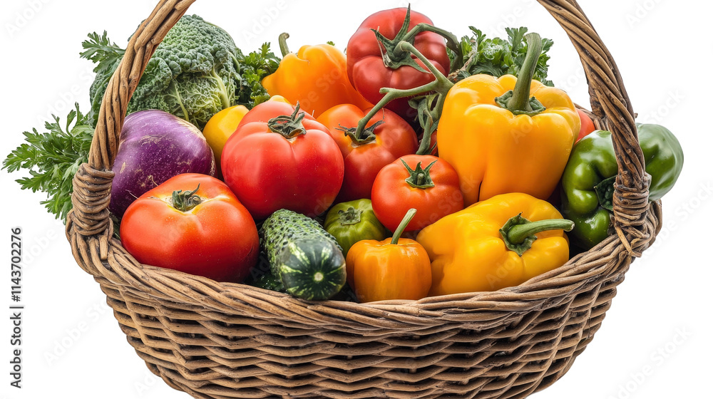 a wicker basket overflowing with a variety of fresh vegetables. including tomatoes. bell peppers. cucumbers. and broccoli. against a transparent background a wicker basket overflowing with a variety of fresh vegetables. including tomatoes. bell peppers. cucumbers. and broccoli. against a transparent background