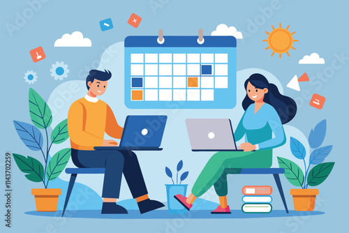 A bright workspace features two individuals focused on their laptops, planning with a calendar nearby Two individuals using laptops and calendars, depicted in a flat illustration.