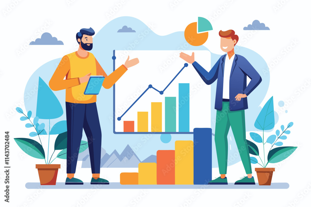 Two men engage in a discussion about a flat growth graph, pointing at charts and visuals Two men talking about a flat growth graph illustration. Two men engage in a discussion about a flat growth graph, pointing at charts and visuals Two men talking about a flat growth graph illustration.