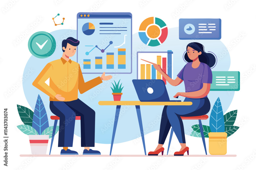 A meeting between two analysts involves detailed discussions around data visualizations and trends Two people are meeting with data analysts, illustrated in a flat style. A meeting between two analysts involves detailed discussions around data visualizations and trends Two people are meeting with data analysts, illustrated in a flat style.