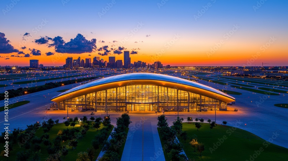 Obraz premium stunning aerial view of a modern airport terminal at sunset, with a vibrant cityscape backdrop. perfect for travel, architecture, and urban themes.