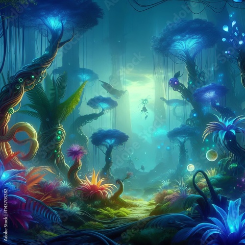 Alien jungle A lush vibrant world with strange plants biolumines photo