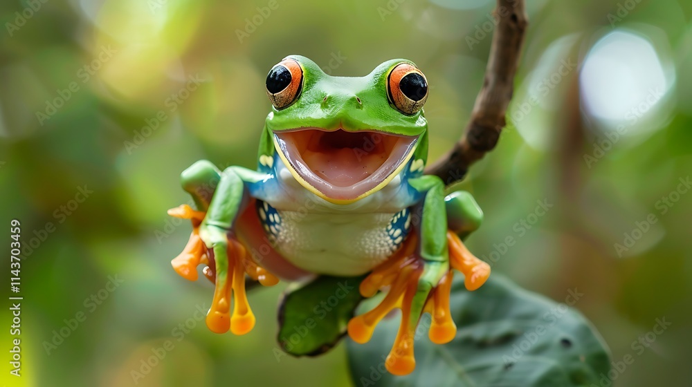 Obraz premium Red-Eyed Tree Frog Perched on a Branch in a Lush Rainforest Setting