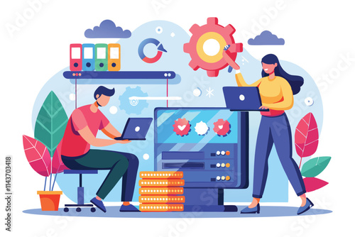 Two people work together to resolve a network error in a contemporary office environment with technology Two people fixing a network error in a flat illustration.