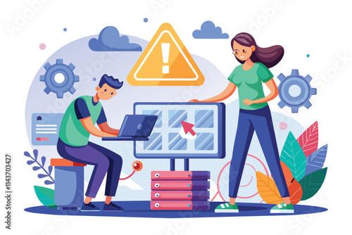 Two individuals work together to fix a network problem in a contemporary flat setting filled with equipment Two people fixing a network error in a flat illustration.