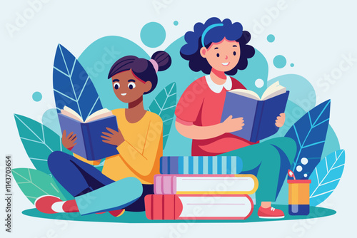 Two individuals are enjoying their time reading books in a vibrant and inviting setting Two people reading books in a flat illustration.