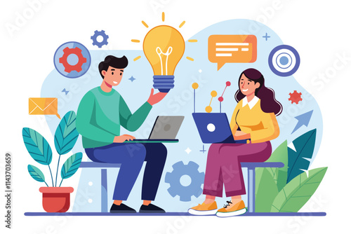 Two individuals collaborate, sharing innovative concepts to enhance business revenue in a lively environment Two people seeking ideas and analysis to boost revenue, flat illustration.