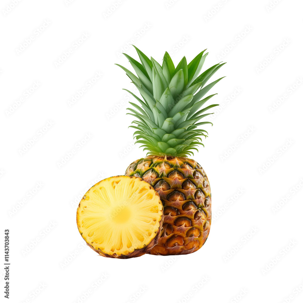 Fresh pineapple with slice and leaf on transparent background