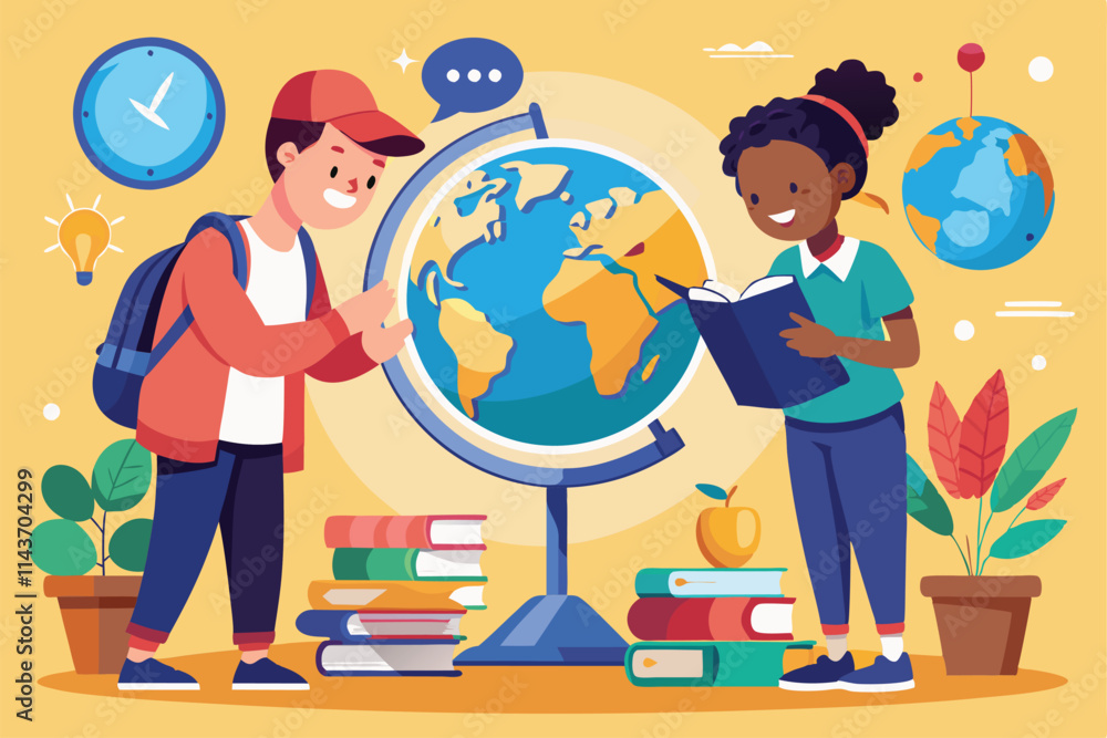 Two students explore a flat globe map while studying geography in a colorful classroom environment Two students looking at a flat globe map illustration. Two students explore a flat globe map while studying geography in a colorful classroom environment Two students looking at a flat globe map illustration.