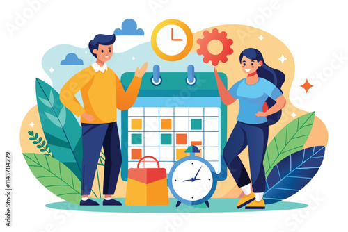 A man and woman discuss their weekly plans with a calendar and clock, surrounded by vibrant greenery Two people with a trendy time and calendar illustration.
