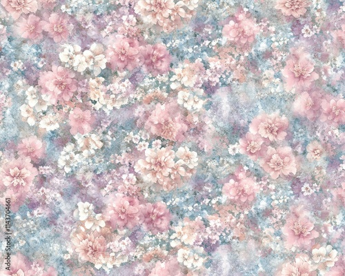 A soft, pastel floral pattern featuring a blend of various flowers and delicate colors, ideal for fabric design, wallpapers, or decorative purposes.