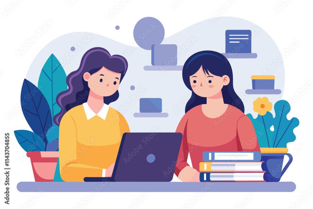 Two women focus on their online studies using a laptop in a bright and organized workspace filled with books Two women studying online, illustrated in a flat style. Two women focus on their online studies using a laptop in a bright and organized workspace filled with books Two women studying online, illustrated in a flat style.
