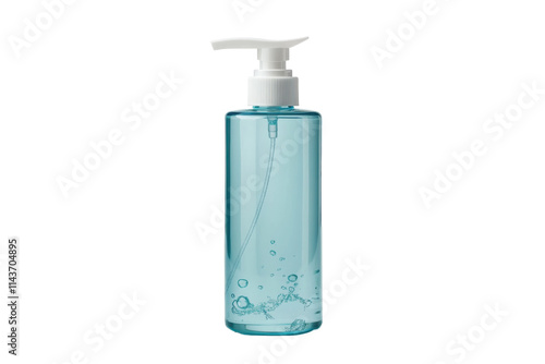 Clear turquoise bottle with a pump cap surrounded by splashes of water on a bright background