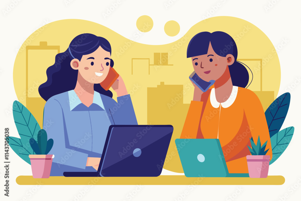 Two women are talking on their smartphones while working on laptops in a vibrant office setting Two women talking on their phones and laptops, flat illustration. Two women are talking on their smartphones while working on laptops in a vibrant office setting Two women talking on their phones and laptops, flat illustration.
