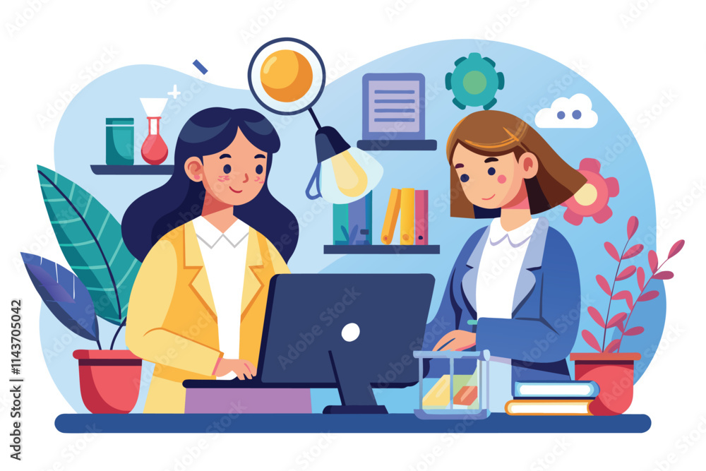 Two women are actively using a computer to research and study science topics in a vibrant workspace Two women use the internet to learn about science, illustrated in a flat style. Two women are actively using a computer to research and study science topics in a vibrant workspace Two women use the internet to learn about science, illustrated in a flat style.