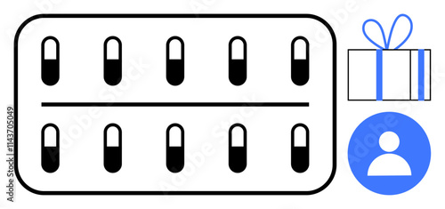 Medicine pill blister pack, gift box with blue ribbon, and user avatar icon. Ideal for healthcare, pharmacy, medication, online services, rewards, patient care promotional offers and digital