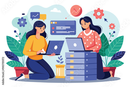 Two women work together on laptops to ensure successful database backup in a vibrant office environment Two women using a laptop to back up a database, illustrated in a flat style.