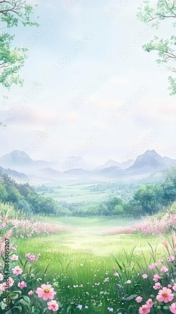 Fototapeta premium A serene landscape featuring rolling hills, gentle mountains, and a vibrant meadow filled with flowers, creating a peaceful and inviting atmosphere.