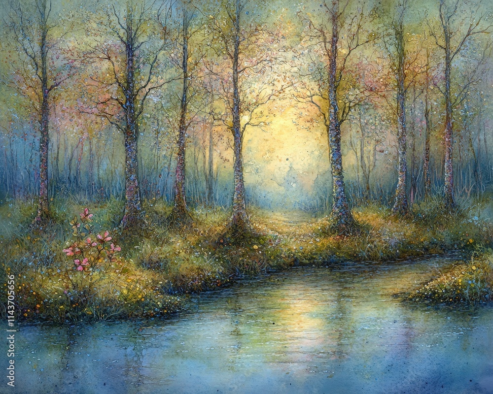A serene landscape featuring a tranquil river surrounded by trees, with soft colors and light creating a peaceful atmosphere. A serene landscape featuring a tranquil river surrounded by trees, with soft colors and light creating a peaceful atmosphere.