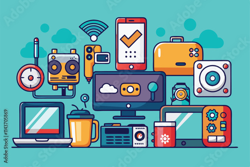 A colorful depiction of various gadgets and devices showcasing the latest tech trends and innovations Update popular gadgets with a simple illustration.