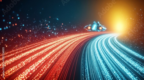 A futuristic spaceship travels through a vibrant, glowing pathway of red and blue light particles, suggesting motion and exploration in a digital universe.