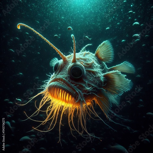 Anglerfish in the Abyss A deep sea anglerfish with its biolumine photo