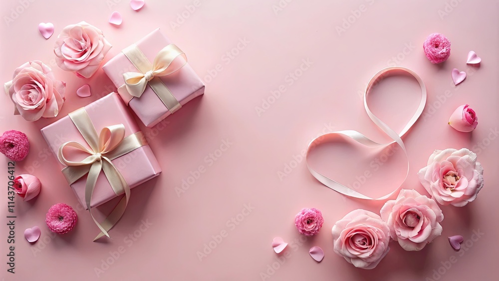 Pink Presents and Roses with a Ribbon Heart on Pink Background Pink Presents and Roses with a Ribbon Heart on Pink Background