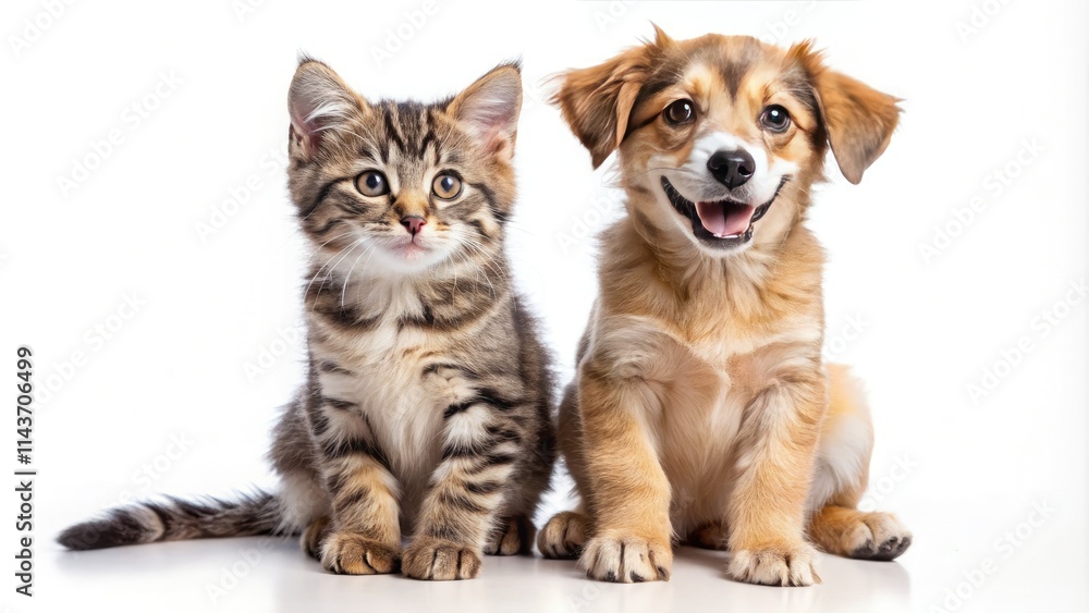 Obraz premium Adorable puppy and kitten cuddle; best friends, happy faces, pure white background.