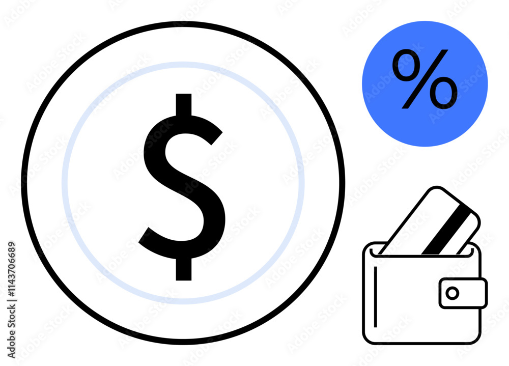 Dollar sign in circle, credit card in wallet, and blue percentage symbol. Ideal for financial services, banking, investment, budgeting, economic analysis savings mobile payments. Line metaphor