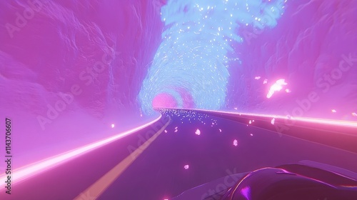 A vibrant, futuristic tunnel scene with swirling colors and light effects, creating a sense of speed and adventure.