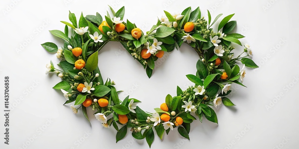 Heart-shaped floral arrangement with citrus fruit and blossoms Heart-shaped floral arrangement with citrus fruit and blossoms
