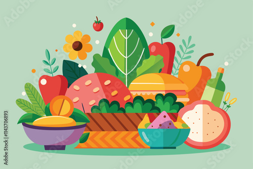 A colorful flat illustration showcases a variety of vegan foods, emphasizing healthy and fresh ingredients Vegan food illustration, customizable and flat.